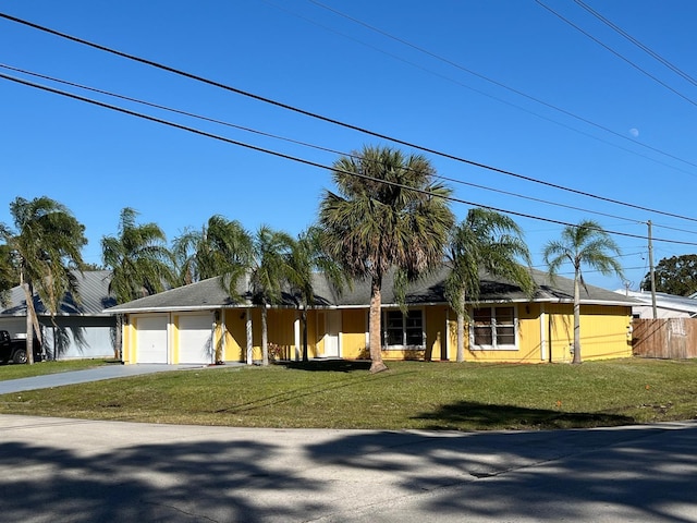 ranch-style home with a front yard and a garage