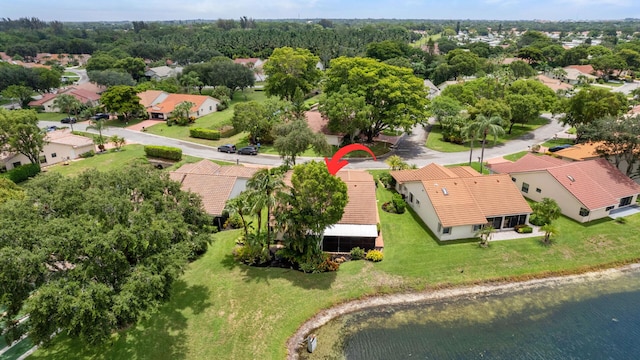 drone / aerial view featuring a water view