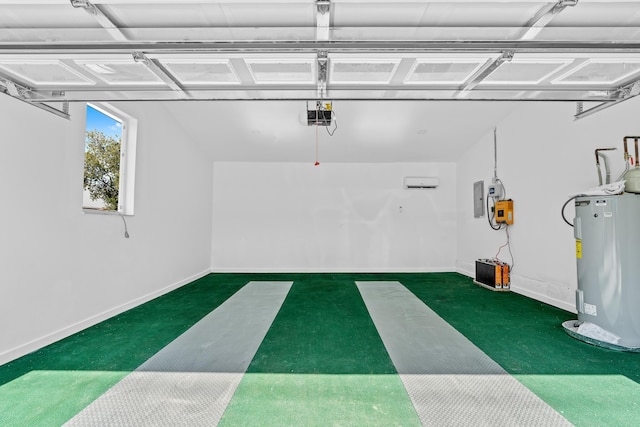 garage with electric panel, a garage door opener, and water heater