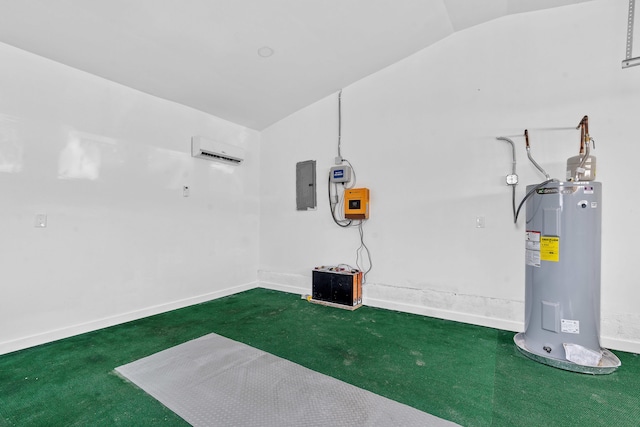 misc room featuring carpet flooring, vaulted ceiling, water heater, an AC wall unit, and electric panel