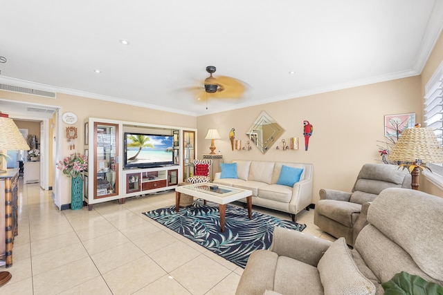 living room with ornamental molding, light tile patterned flooring, and visible vents