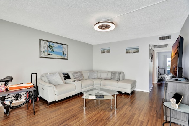 living room with a textured ceiling and hardwood / wood-style floors