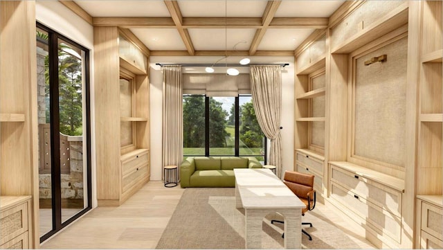 office area with a wealth of natural light, light hardwood / wood-style flooring, beamed ceiling, and coffered ceiling