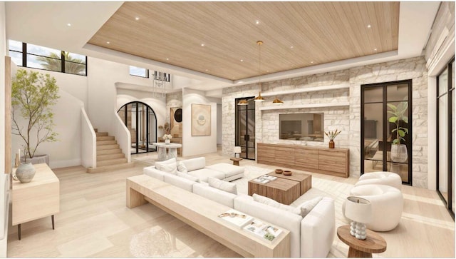 living room featuring light hardwood / wood-style floors, a raised ceiling, and wooden ceiling