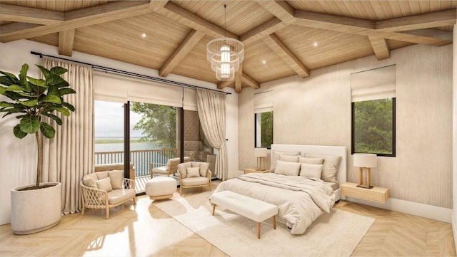 bedroom featuring multiple windows, access to outside, a water view, and wood ceiling