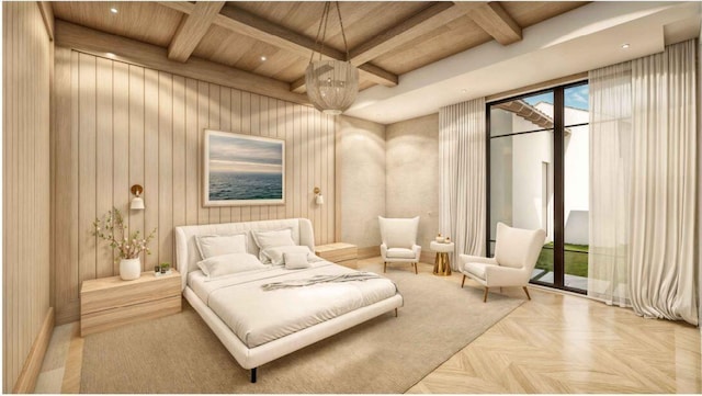 bedroom featuring parquet flooring, coffered ceiling, access to outside, wooden walls, and beamed ceiling