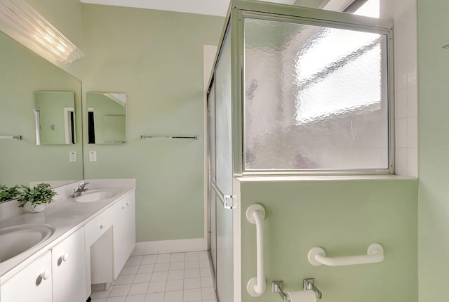 bathroom with walk in shower, vanity, and tile patterned floors