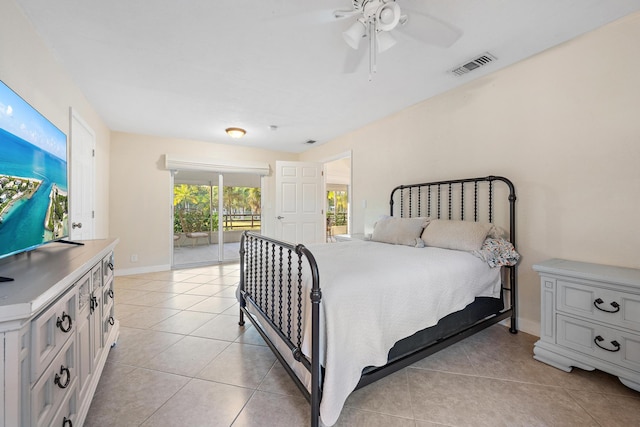 tiled bedroom featuring access to outside and ceiling fan