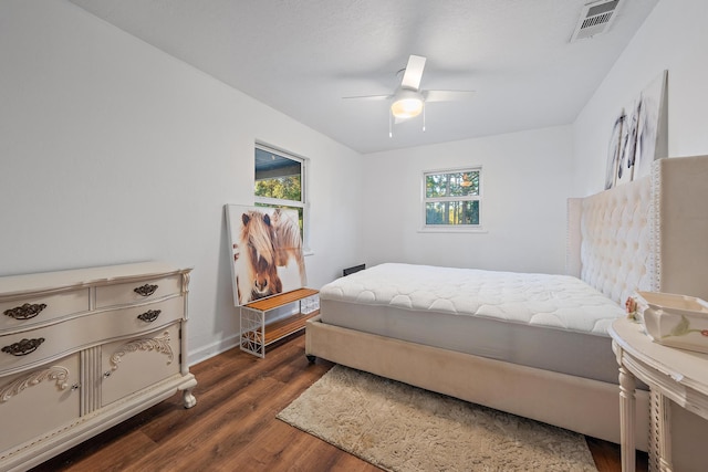 bedroom with dark hardwood / wood-style floors, multiple windows, and ceiling fan