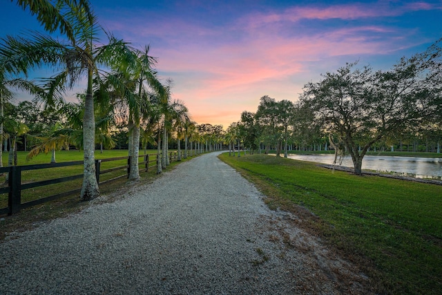 view of road with a water view