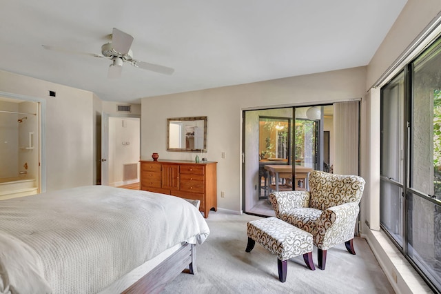 bedroom with ceiling fan, light carpet, access to outside, and connected bathroom