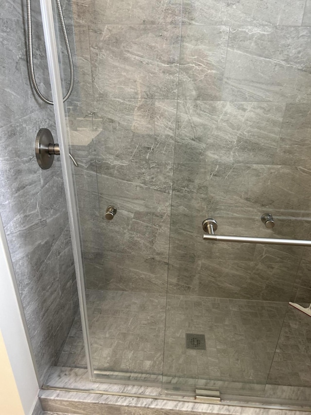 bathroom featuring a shower with door