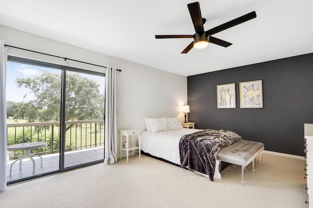 bedroom featuring carpet, ceiling fan, and access to exterior