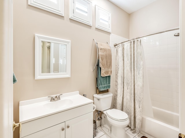 full bathroom with toilet, tile patterned flooring, vanity, and shower / tub combo with curtain