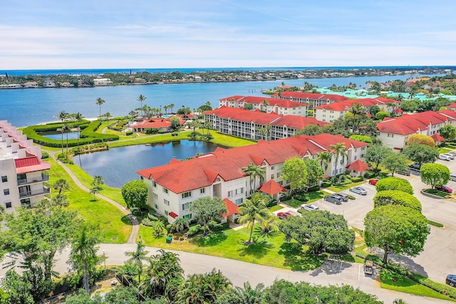 aerial view featuring a water view