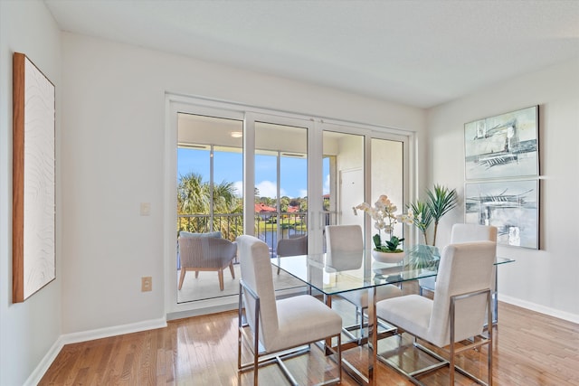 dining room featuring light hardwood / wood-style floors and a water view