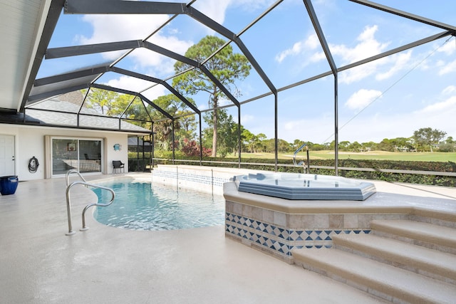 view of swimming pool with glass enclosure, a patio, and a jacuzzi