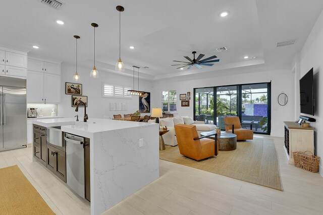 spare room with a raised ceiling, ceiling fan, and light wood-type flooring