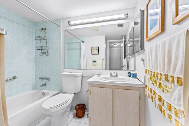 full bathroom featuring toilet, vanity, tile patterned floors, and shower / bathtub combination with curtain