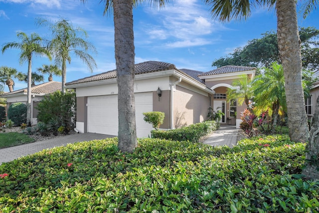 ranch-style house featuring a garage and a front yard