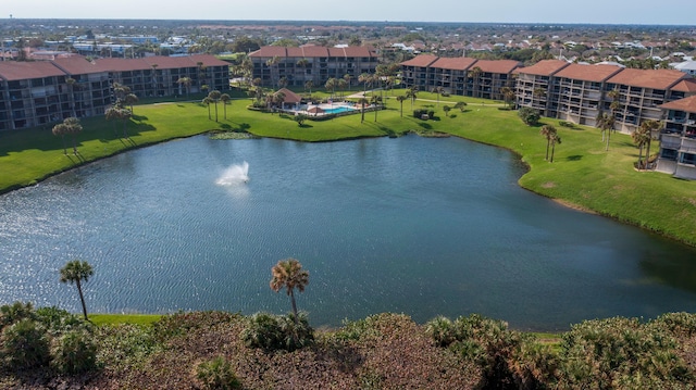 drone / aerial view with a water view