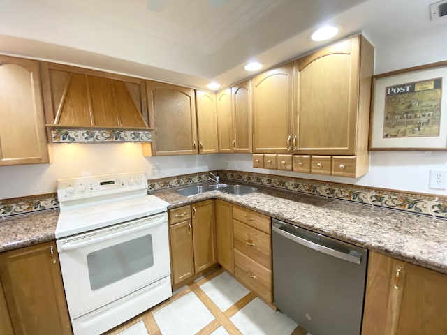 kitchen featuring white range with electric cooktop, sink, stainless steel dishwasher, dark stone countertops, and custom range hood