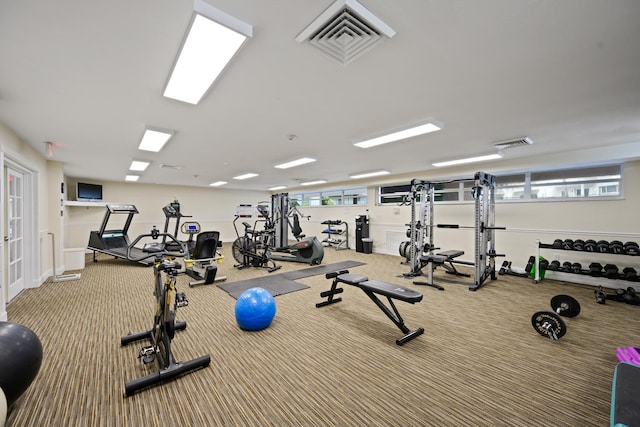 exercise room featuring carpet