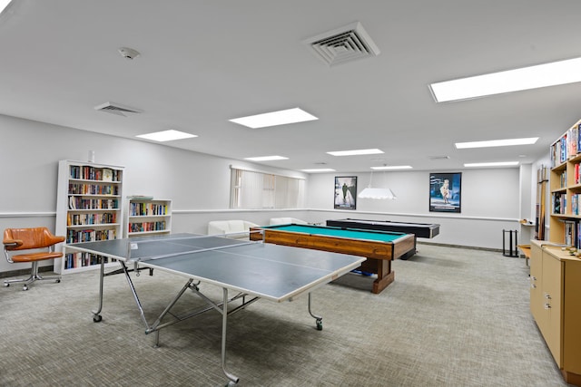 rec room featuring light colored carpet and billiards