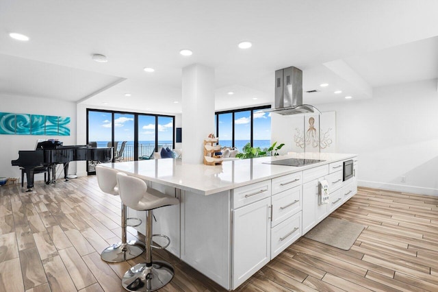 kitchen with island exhaust hood, a large island with sink, light hardwood / wood-style floors, and white cabinetry