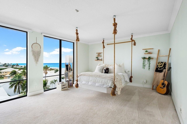 carpeted bedroom featuring a textured ceiling, a water view, floor to ceiling windows, and ornamental molding