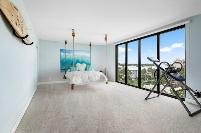 unfurnished bedroom with carpet floors and a wall of windows