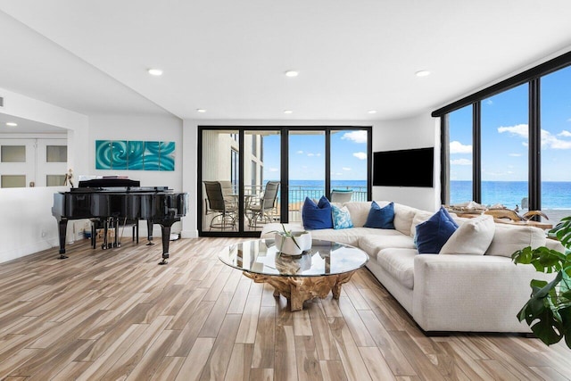 living room featuring floor to ceiling windows and light hardwood / wood-style flooring