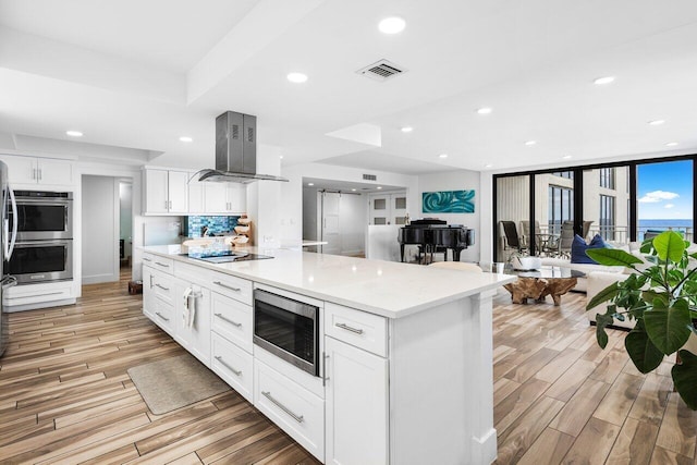 kitchen featuring ventilation hood, light wood-type flooring, appliances with stainless steel finishes, light stone counters, and white cabinetry