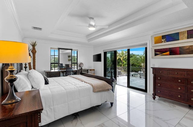 bedroom featuring ornamental molding, access to exterior, a raised ceiling, and multiple windows