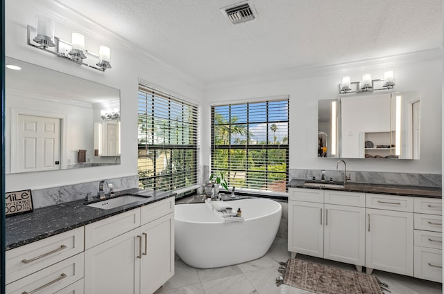 bathroom featuring ornamental molding, a textured ceiling, and vanity