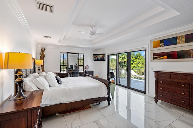 bedroom featuring ceiling fan, ornamental molding, access to outside, and a raised ceiling