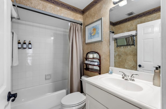 full bathroom with a textured ceiling, toilet, shower / bath combination with curtain, and vanity