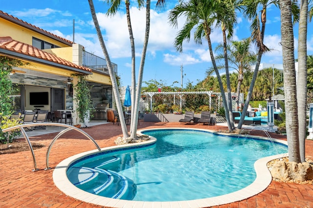 view of pool featuring a patio area and pool water feature