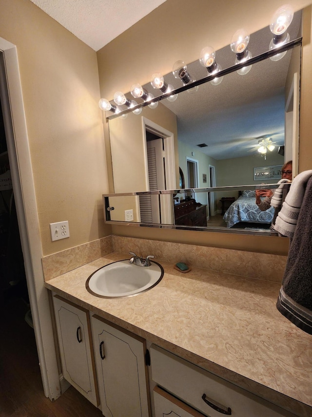 bathroom with a textured ceiling, vanity, ceiling fan, and wood-type flooring