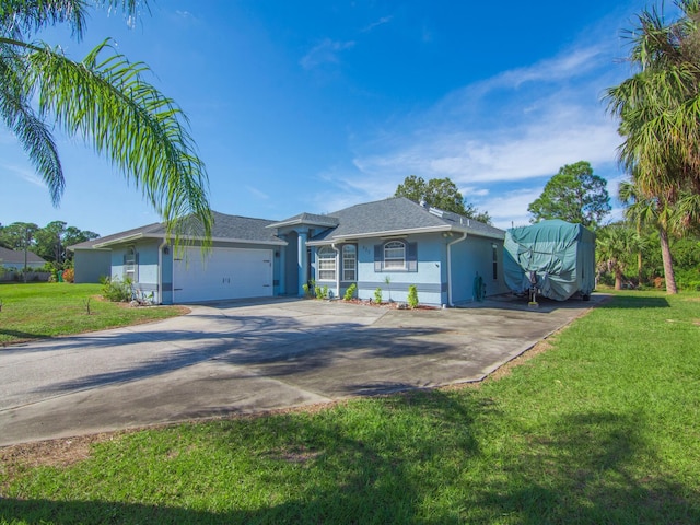 ranch-style house with a front lawn and a garage