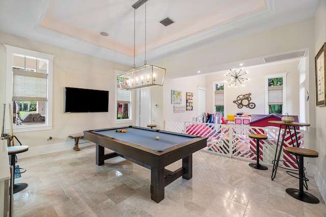 playroom with a raised ceiling, crown molding, and pool table