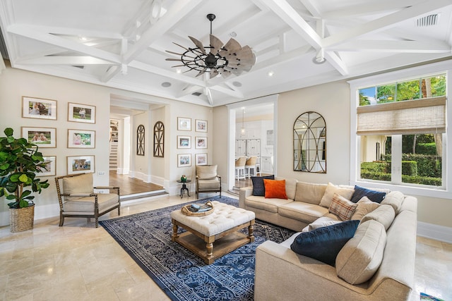 living room with ceiling fan, coffered ceiling, and beam ceiling