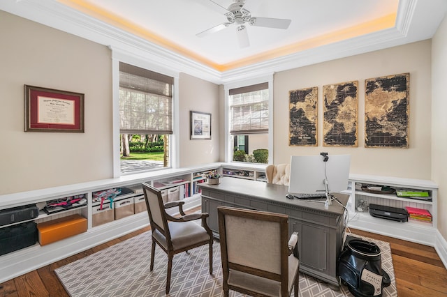 office space with ornamental molding, hardwood / wood-style floors, ceiling fan, and a tray ceiling