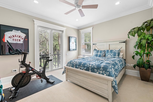 carpeted bedroom with access to exterior, ceiling fan, and ornamental molding