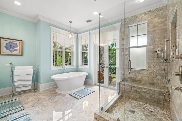 bathroom featuring ornamental molding, shower with separate bathtub, and an inviting chandelier