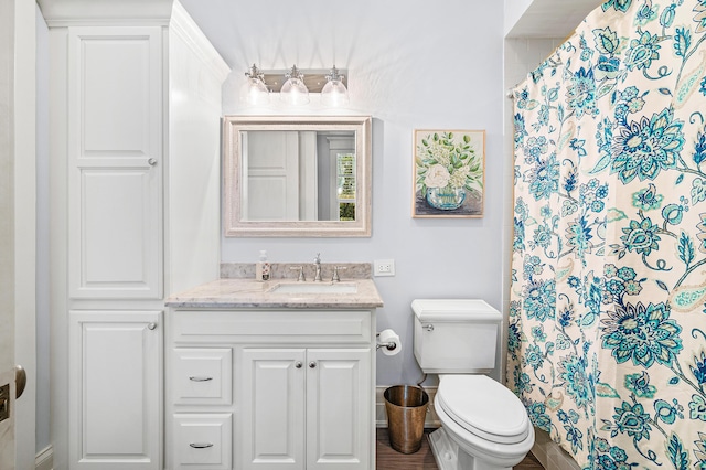 bathroom featuring a shower with curtain, vanity, and toilet