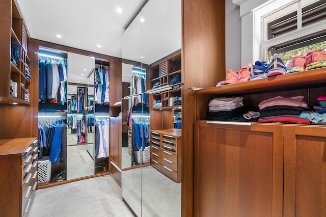 spacious closet featuring light carpet