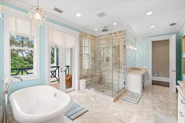 bathroom with ornamental molding, vanity, and plus walk in shower