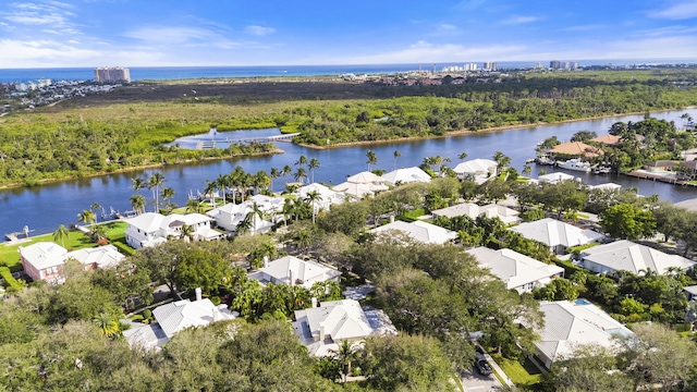 aerial view featuring a water view