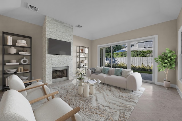 tiled living room featuring a fireplace